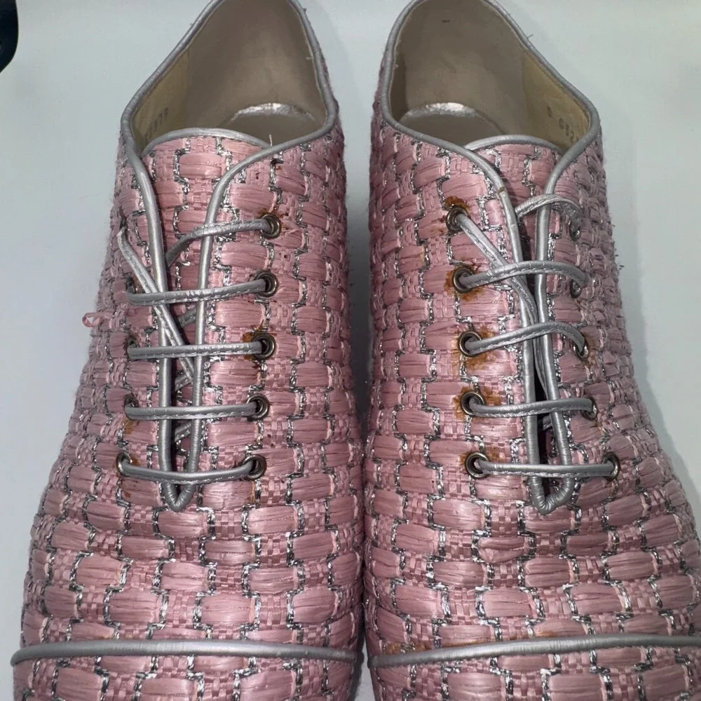 Chanel Womens Oxford 8.5D Woven Pink Silver Cuban Heel‎ Lace Up Comfort Shoes